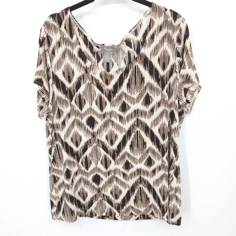 Chicos Travelers Top Ikat Print Womens Large Brown V-Neck Short Sleeve Blouse‎